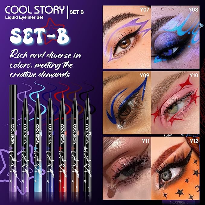 COOL STORY Liquid Eyeliner Waterproof Smudge Proof Colorful Eye Liner 24H Long-Lasting Makeup (SET-B)