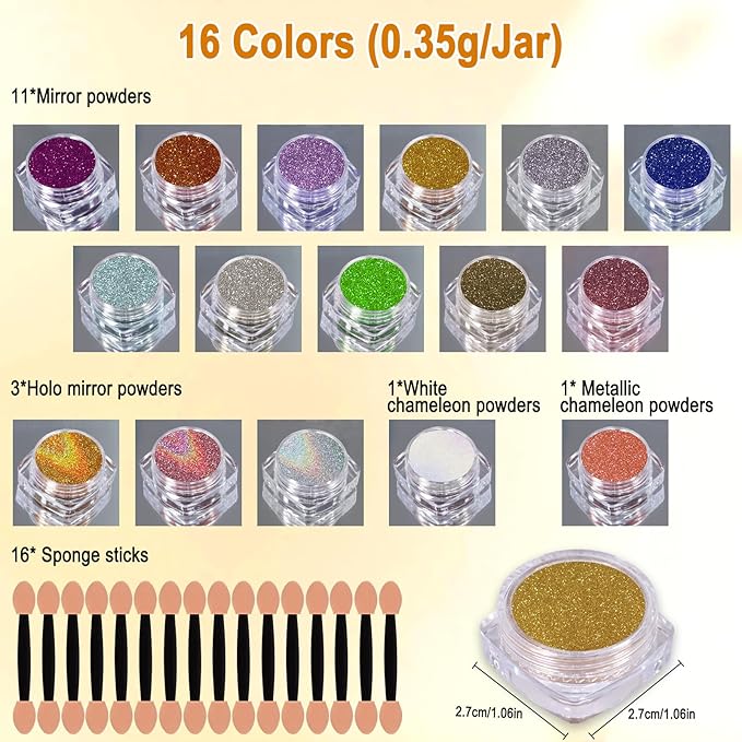 16 Jars Chrome Nail Powder Nail Art Glitter Decoration Metallic Mirror Effect Holographic Aurora Chameleon Pigment Powder Kit 0.35g/Jar Pearl for Resin Craft & Nail Art