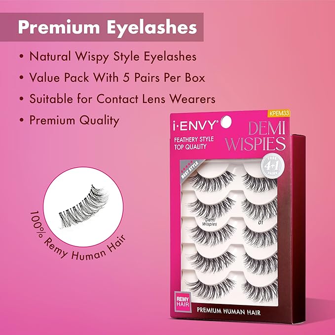 i•ENVY 5 Pairs Demi Wispies False Lashes (1 Pack), Premium Quality 100% Human Hair, Fluffy Feathered Eyelashes with Volume & Curl, Natural Look, Lightweight, Comfortable, Reusable for Everyday Wear
