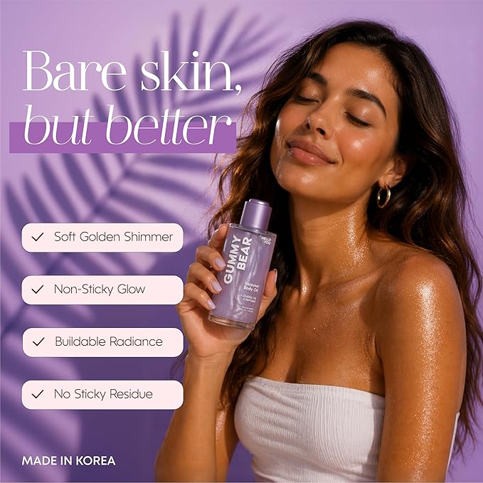 Hello You Jojoba Oil & Peptides Shimmer Body Oil – Dermatologist Tested, Anti Aging, Korean Skin Care – Hydrating Glow For Dry Skin, Smooth Radiant Finish – Clean Beauty – Gummy bear Scent, 3.38 Oz