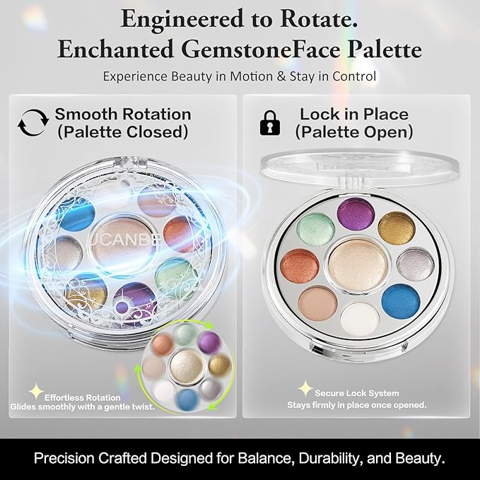 UCANBE Baked Eyeshadow & Highlighter Palette, High Pigmented Blendable Matte Metallic Shimmer Party Eye Shadow & Cheek Makeup Palette, Rotating Compact Design Makeup Gift, 03 Enchanted Gemstone