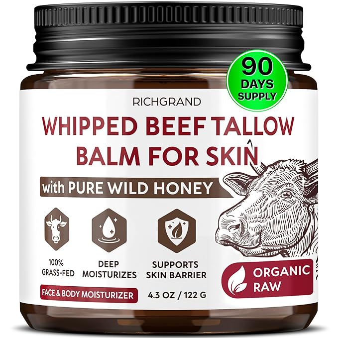 RICHGRAND Beef Tallow for Skin - Whipped Tallow and Honey Balm - Grass Fed Beef Tallow for Face, Daily Moisturizer & Body Butter - Natural Non Comedogenic Skincare (4.3 oz)