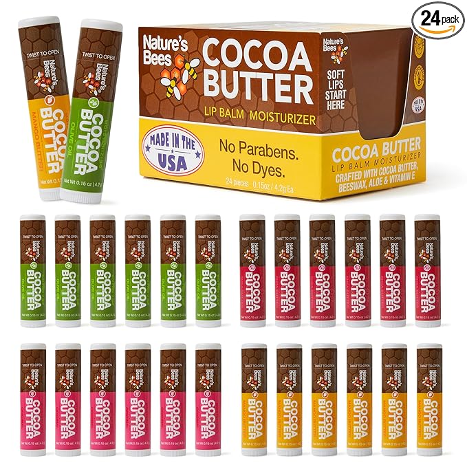 Nature's Bees Cocoa Butter Lip Balm Moisturizer, 24 Pack - 4 Flavors, Original, Shea Butter, Mango Butter, & Olive Oil, Made with Coconut Oil, Beeswax, Vitamin E and Aloe, 0.15 oz - Packaging May Vary