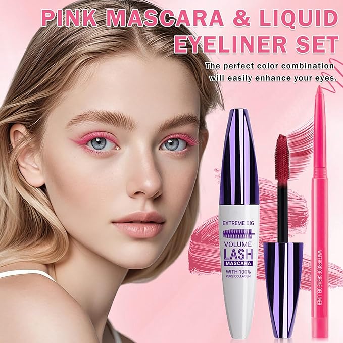 Pink Mascara and Eyeliner Set,Natural Curling Pink Mascara for Eyelashes,Volumizing Lengthening Rimel de Pestañas Waterproof,5D Colored Eye Makeup