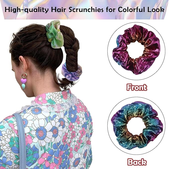 12 Pcs Scrunchies for Women, Shiny Metallic Hair Scrunchies for Girls, Hair Ties Elastic Hair Bands Ropes, Soft Ropes Ponytail Holder Hair Accessories(Gradient Metallic)