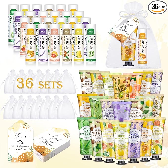KONEUK 36 Pack Hand Cream Bulk and Lip Balm Bulk Sets, Mothers Day Gifts, Thank You Gifts and Birthday Gifts with Thank You Card Organza Bags, Teacher Appreciation Gifts and Nurses Week Gifts