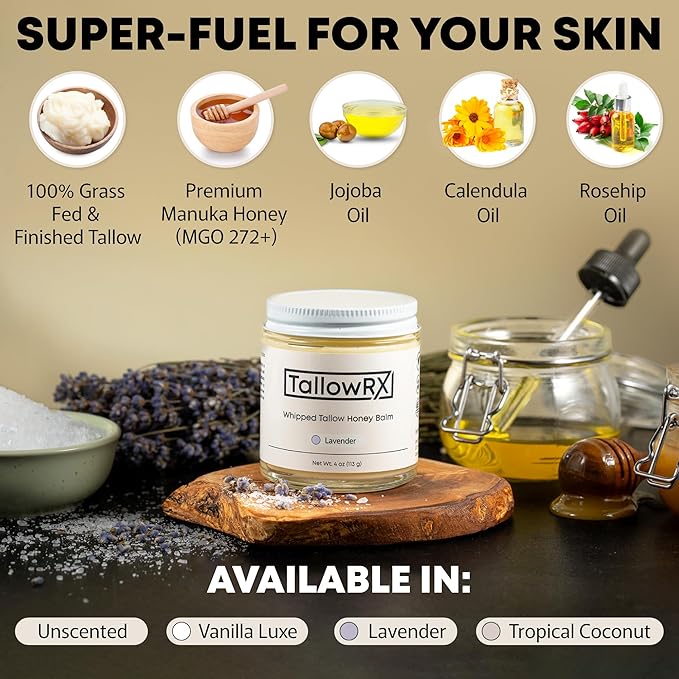 100% Grass-Fed Beef Tallow for Skin – Whipped Tallow Honey Balm, Pure & Organic Moisturizer for Face & Body with Manuka Honey, Jojoba & Calendula – Deep Hydration & Soothing (4 oz, Vanilla Scented)