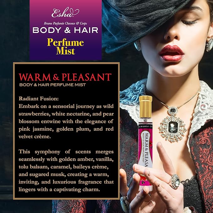 Esha Body & Hair Perfume Mist - Eau de Parfum for Women - Infused with Betaine - Sweet Strawberrys, Nectarine with Golden Amber, Vanilla, and Caramel - (WARM & PLEASANT)