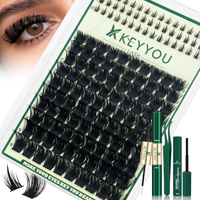 KEYYOU Lash Clusters Kit 0.03mm 300D D Curl 10-18mm Mix Thick Volume & Super Soft Upper and Manga Bottom Lash Clusters 145pcs with Bond and Seal,Applicator & Remover for DIY Lash Extension Kit at Home