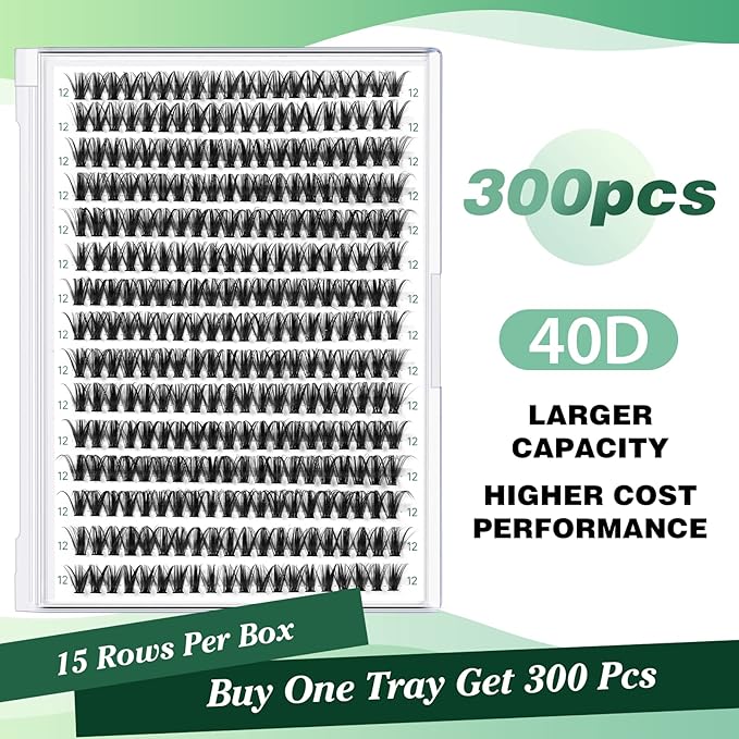 KEYYOU Lash Clusters 300pcs Individual Lashes, 40D 0.07D Curl 12mm DIY Eyelash Extension, Soft & Natural Volume Cluster Lashes with Large Tray