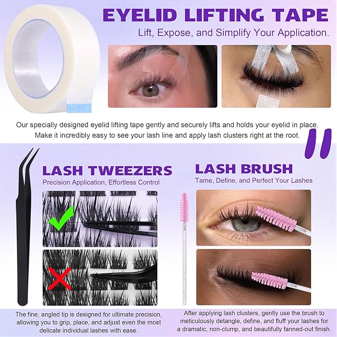 EYDEVRO Fairy Lash Clusters Kit Wispy Eyelash Clusters Kit Volume Lash Clusters with Spikes LC Curl Fox Cat Eye Lashes Manga Cluster Eyelash Extensions Lash Bond and Seal Tools for DIY Lash Extensions