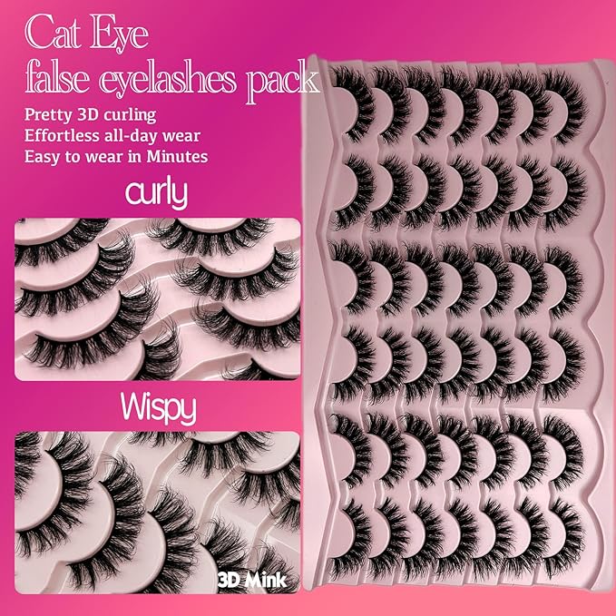 Natural Lashes Wispy Short Cat Eye False Strip Lashes Natural Look Cateye D Curl Lash Strips Fluffy Faux Mink False Eyelashes Pack