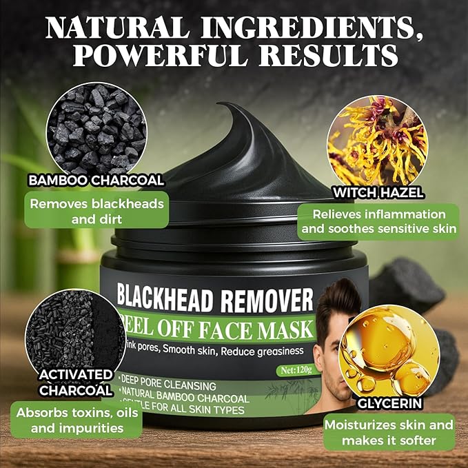 Blackhead Remover Mask, Charcoal Peel Off Face Mask for Men & Women, Deep Pore Cleansing Bamboo Charcoal Mask for Face & Nose, Removes Acne & Blackheads, 4.23 Oz