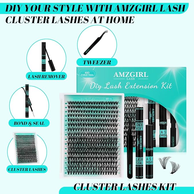 Lash Clusters Kit,DIY Individual Lashes Extension Kit,Lash Bond And Seal,Lash Remover For Eyelashes Extensions,Lash Applicator Tool For False Eyelash Cluster Kit（320PCS, 40D, 9-16mm）