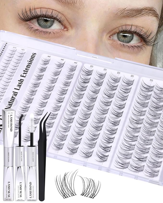 ALICE Short Lash Clusters Kit 8mm-10mm-12mm Natural Clear Band Cluster Eyelash Extension Kit Wispy Eyelash Clusters Kit with Bottom Lashes Bond and Seal DIY at Home