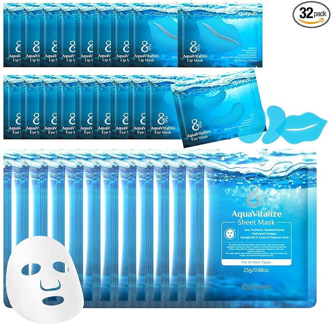 QUIYUM Seaweed Skincare Mask Set - Eye + Lip + Face Repair Combo (32 PCS), for Women & Teens, Natural Ingredients with VE & Hyaluronic Acid, Spa-Like at Home, Moisturize, Soothe, Self-Care Gift