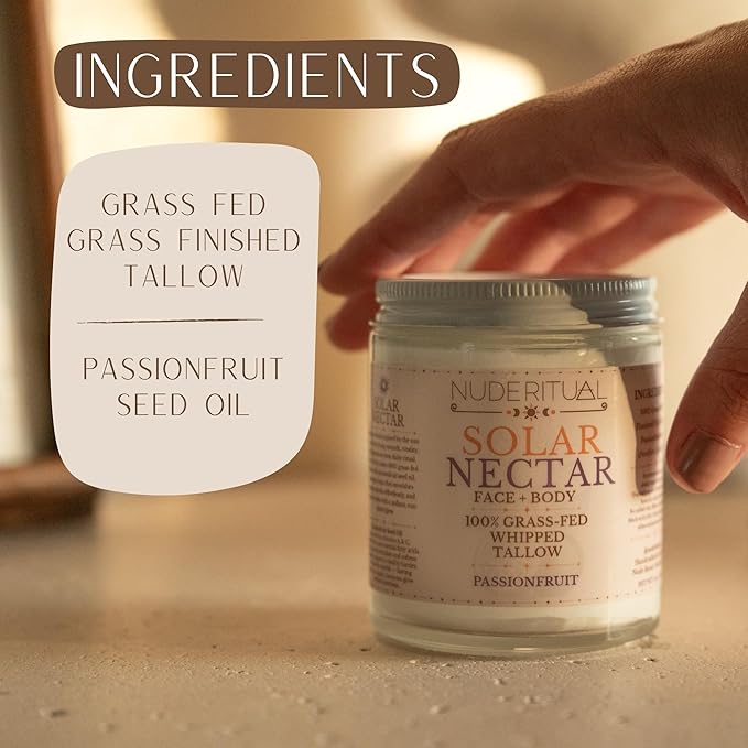 100% Grass-Fed Beef Tallow – Whipped Body Butter Moisturizer for Face & Body – USA Made Natural Lotion Alternative for Dry, Sensitive Skin – 4 oz (Solar Nectar – Passionfruit)