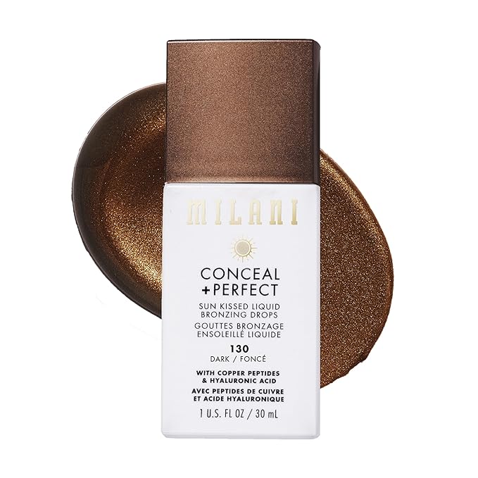 Milani Bronzer- Sun Kiss Bronzing Drops, Conceal + Perfect Liquid Bronzer for Sheer, Weightless Coverage & Hydration enriched with Peptides & Tripeptides - Dark