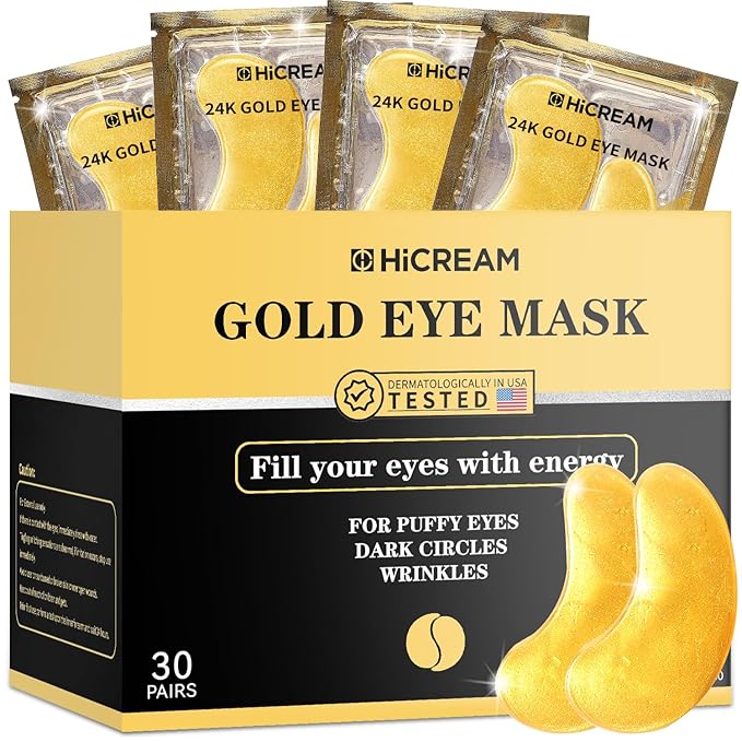 Hicream Golden Under Eye Patches - 30 pair Eye Mask Pure Gold Anti-Aging Collagen Hyaluronic Acid Under Eye Mask for Dark Circles, Puffiness & Wrinkles Refresh Your Skin