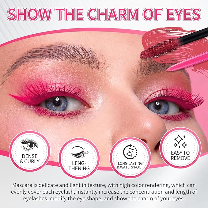 Pink Mascara and Eyeliner Set,5D Colored Mascara Volume and Length Waterproof,Natural Curling rimel de pestañas,Suitable for Women Eye Makeup