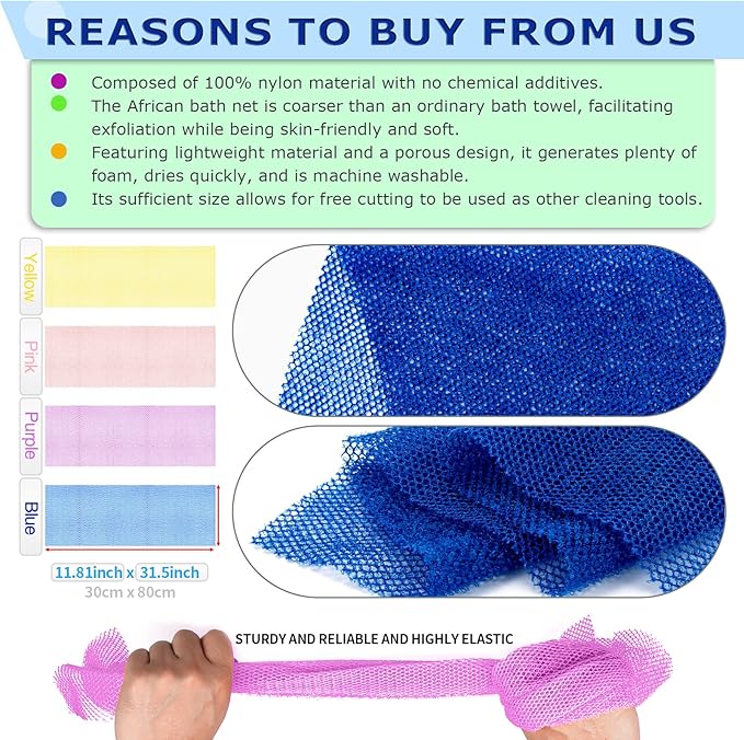4 Pieces African Net Sponge Authentic Shower loofah exfoliating Body Scrubber Face Washcloth for Cleansing & Gentle Daily Exfoliation Travel wash Cloth Easy to Reach Your Back