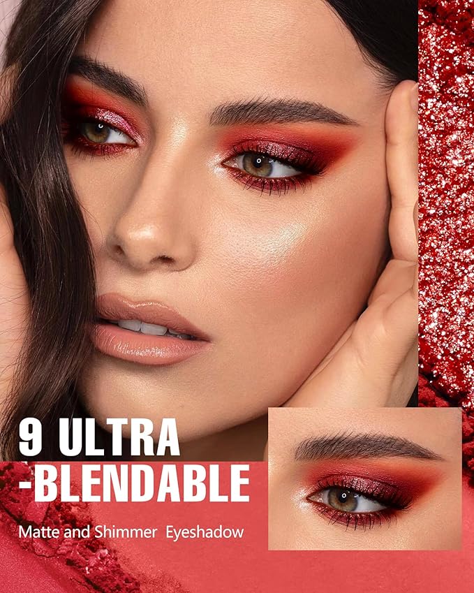 MAKI YIKA Red Eyeshadow Palette Matte Eye Shadow for Women Long Lasting High Pigmented 9 Shade Glitter Shimmer Matte Red Eye Shadows -9Red