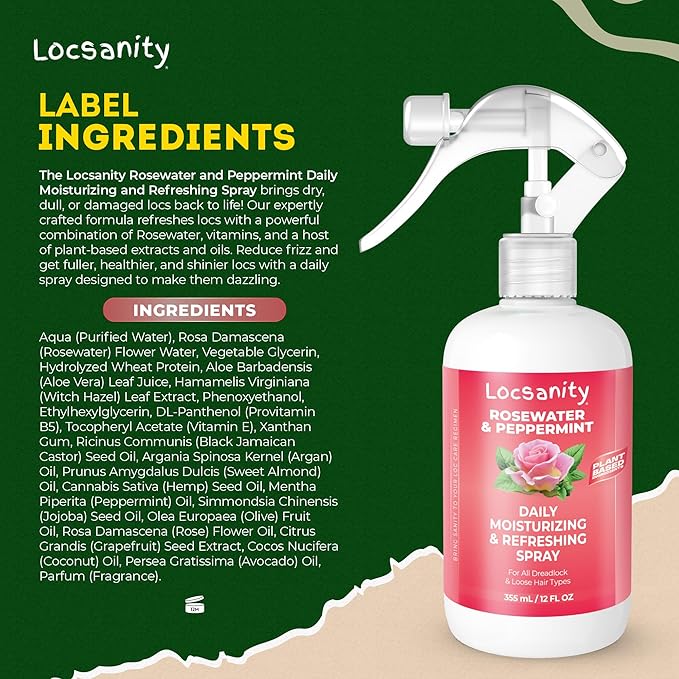 Loc Spray - Locsanity Daily Moisturizing Rosewater & Peppermint Spray for Locs, Dreadlocks - Lightweight Frizz Control Hair & Scalp Moisturizer - Natural Loc Care (12 fl oz)
