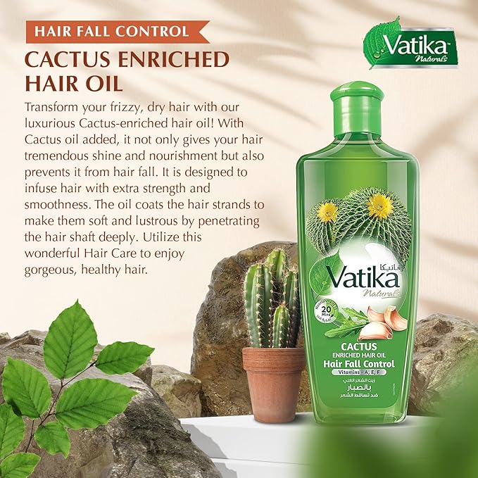 Vatika Naturals Cactus Enriched Hair Oil - Hair Fall Control & Strengthening - Nourishes Scalp & Roots - Reduces Breakage & Promotes Healthy, Thick Hair - for Stronger, Fuller Hair - 300ml
