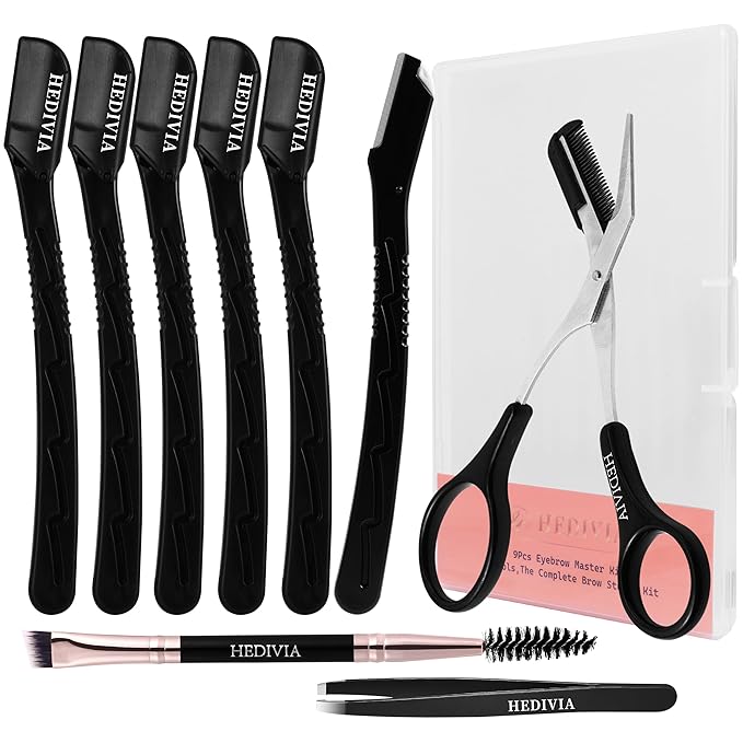HEDVIA 9 Pcs Eyebrow Razor Kit for Women Shaping, Professional Eyebrow Makeup Set with 6 Small Eyebrow Razors, 1 Eyebrow Scissors with Comb, 1Eyebrow Tweezers for Men, 1 Makeup Brushes(Black Set)