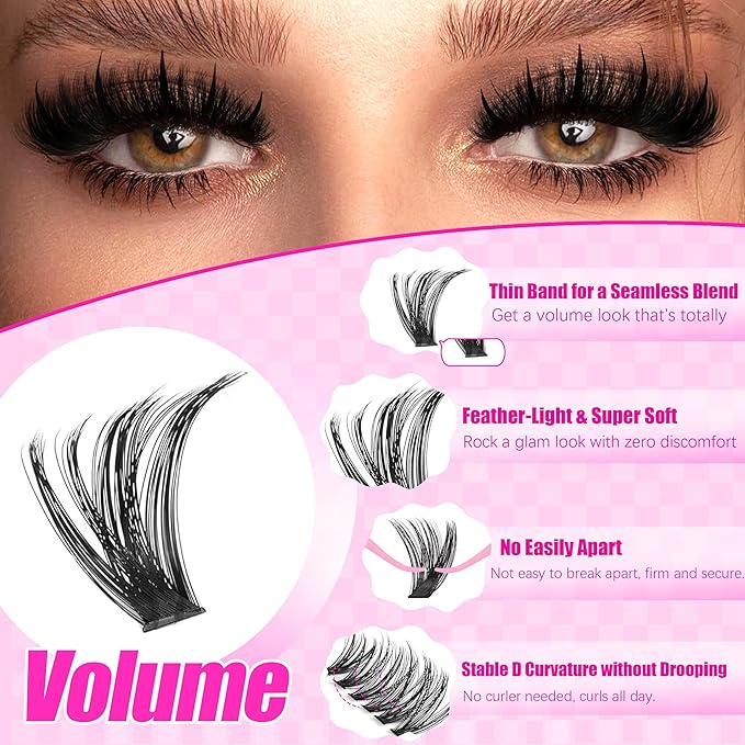 YIDUO Lash Clusters Kit with Spikes+Bottom Lashes Extensions 40D+60D+80D+100D Wispy Individual Cluster Eyelash Kit 600pcs Eyelash Cluster Extensions with Lash Bond and Seal Tweezers Remover