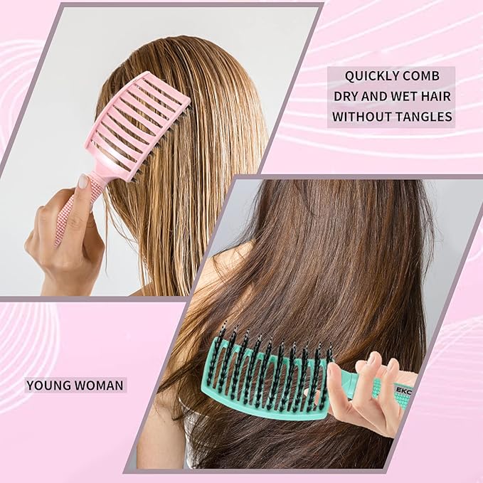 EKONAER 3 Pack Vented Quick Drying Massage Blow Detangler Brush,Boar Bristle Hair Brush Set-Curved,Detangling Hair Brush for Women Long,Thick, Thin, Curly(Green)