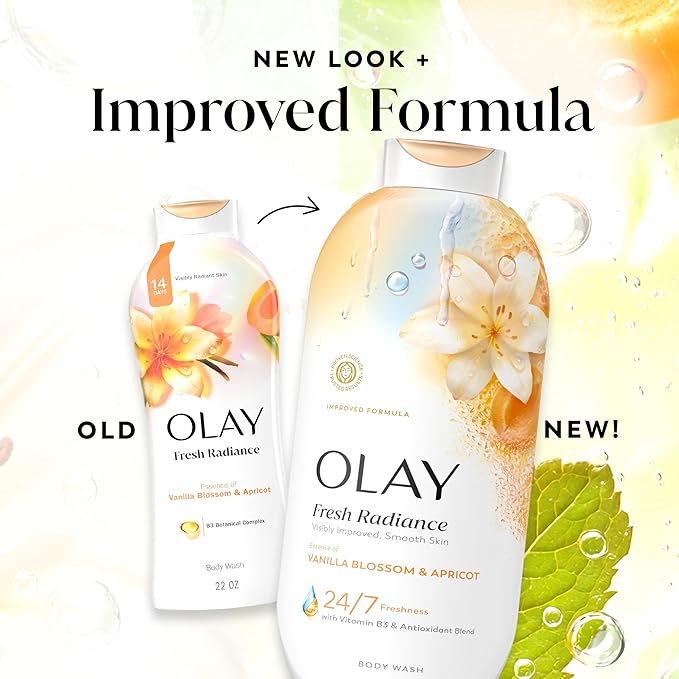 Olay Body Wash for Women, Fresh Radiance, 24/7 Skin-Loving Freshness, Visibly Radiant, Plant Based Cleansers, Vitamin B3 & Antioxidant Blend, All Skin Types, Vanilla Blossom & Apricot Scent, 22 fl oz