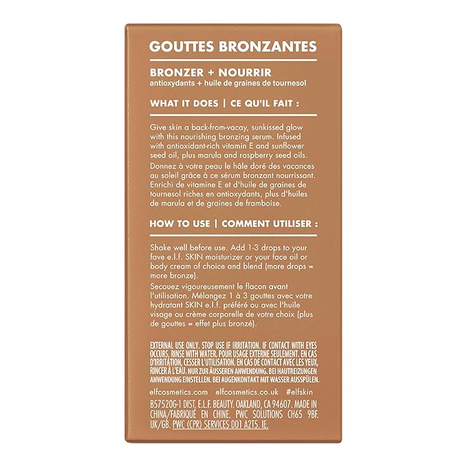 e.l.f. SKIN Bronzing Drops, Liquid Face Tinted Serum with Vitamin E & Sunflower Oil, Shimmer Finish, Vegan & Cruelty-Free, Copper Gold