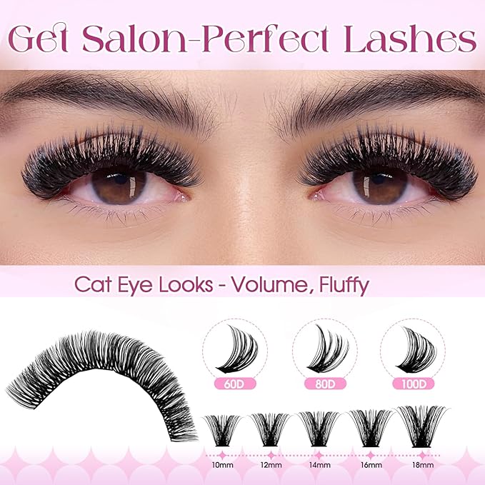 Wendy Lash Clusters Kit Packs: 980-Pcs, 60D, 80D, 80D, 100D, D Curl, 10-18mm Mixed, Cat Eye, Soft, Natural, Fluffy, DIY Eyelash, Individual, Eye lash clusters, Bulk Pack