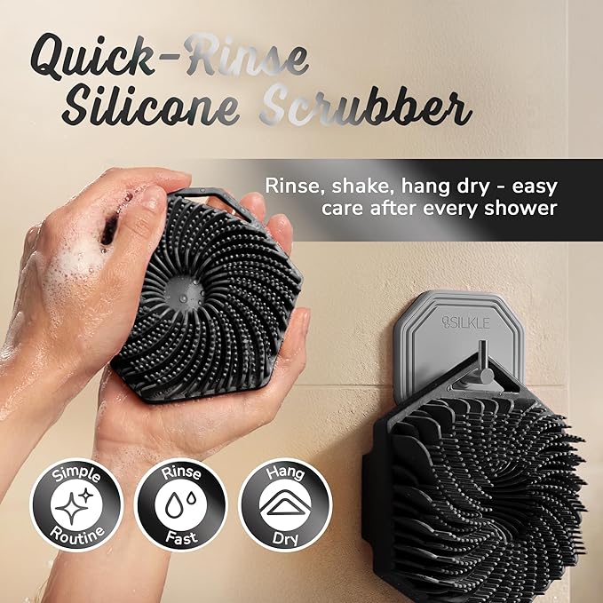 SILKLE Silicone Body Scrubber – Gentle Exfoliating Shower Scrubber for Body & Bath, Silicone Shower Brush & Loofah Alternative – Non-Slip Silicone Body Brush, Quick Dry, Hygienic - Black