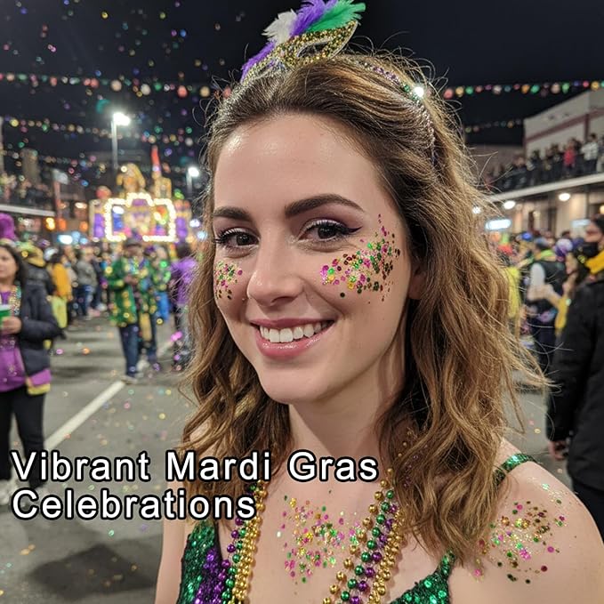 MEICOLY Mardi Gras Face Glitter Gel, Holographic Face Glitter, Skin-Friendly Hair Accessories for Kids & Adults, Gold Green Purple Mixed Chunky Glitter for Mardi Gras Carnival,Festival Party