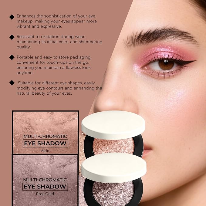 2PCS Multicolor Metallic Eyeshadow – Buildable, Shimmering Metallic Powder, Highly Pigmented & Long-Lasting for Women, Smooth Multi Chromatic Make Beauty Eyeshadow (Natural+Rose Gold)