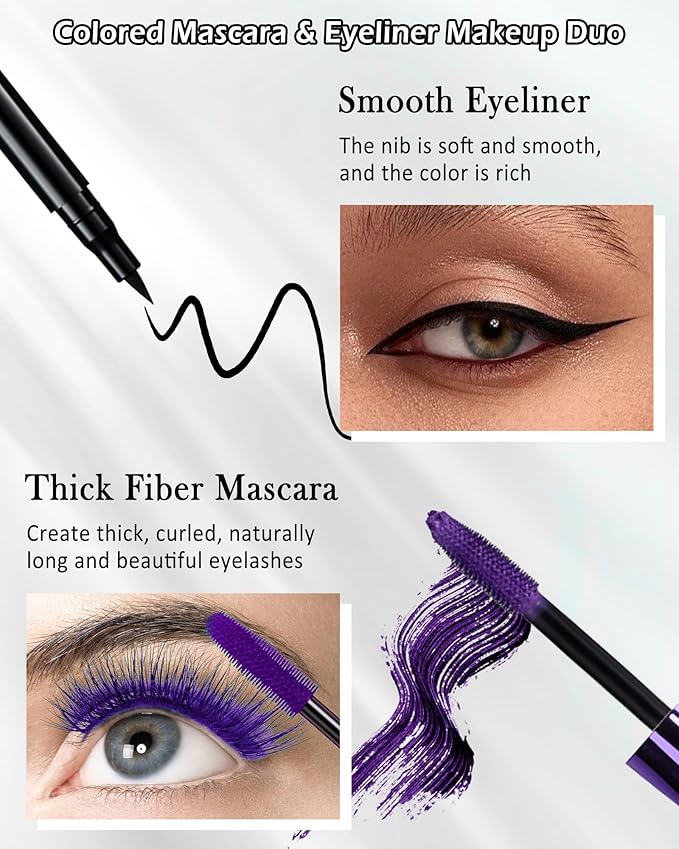 Burgundy Waterproof Mascara & Eyeliner, 5D Silk Fiber Lash Extension Colored Tube Mascara Volume and Length,Long-Lasting Smudge-Proof Volumizing Colorful Máscara & Liquid Eyeliner Pen Set for Women