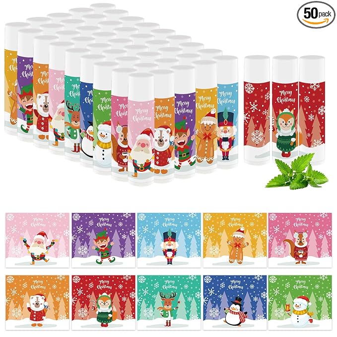 50 PCS Christmas Lip Balms Bulk Gift Christmas Stocking Stuffers Favors Lip Moisturizer Christmas Holidays Party Gift for Girls Kids Women Men