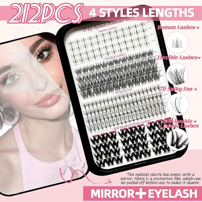 QUKLOGEN DIY Lash Extension Kit 782Pcs D Curl 4 styles Individual Lash with Bottom Lash Clusters Lash Bond and Seal,Quick Glue Remover Tweezers Eyelash Brush Mini Applicator (LASH001)