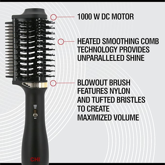 CHI Volume Styler, Blowout Brush for Amplified Volume, Heated Comb to Smoothen & Straighten Hair, 2-in-1 Hair Tool, Measures 4" D x 4" W x 14" H, Black