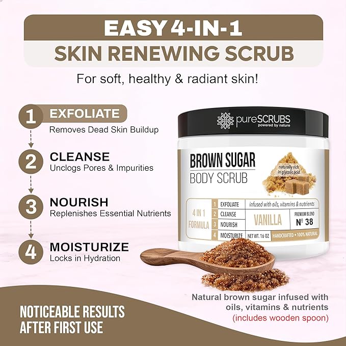 pureSCRUBS Premium Vanilla Brown Sugar Scrub | Face, Feet & Full Body Scrub | Large 16oz Jar Includes Wooden Spoon, Loofah & Mini Exfoliating Bar Soap