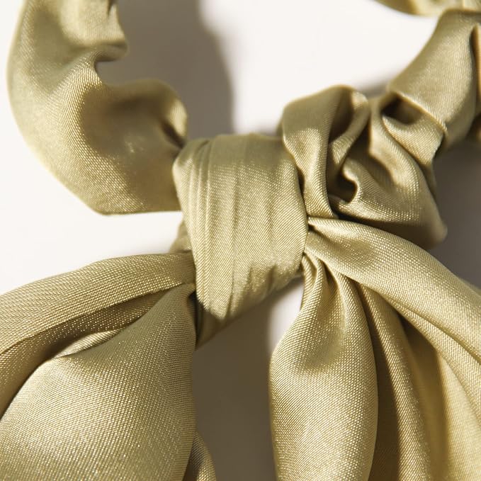 LFOUVRE Pack of 2 Knotted Bow Hair Scrunchies, 3 inch Diameter, 11.5 inch Satin Hair Ribbon Scrunchies, Hair Accessories for Women and Girls (Pea green, 2 Count)
