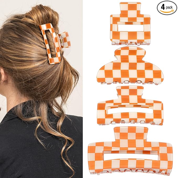 4Pcs Checkered Hair Claw Clips, Non-Slip Hair Jaw Clips for Thick, Thin, Curly, Straight, Long Hair, Simple Style Orange and White Square Claw Clips, Women's Hair Accessories