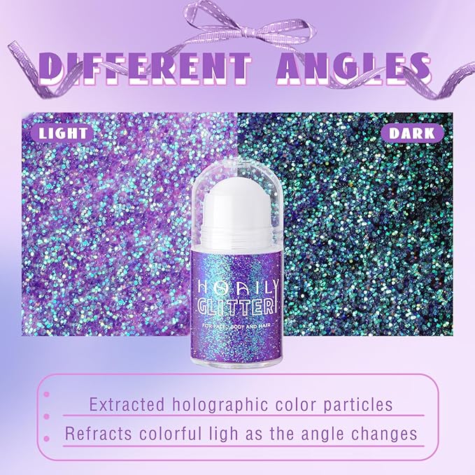 HOSAILY Roll-on Holographic Body Glitter Gel for Face Hair, Chameleon Color Changing Glitter Gel Under Light, Chunky Mermaid Sequins Festival Party Rave Accessories Shimmer Makeup (Purple)