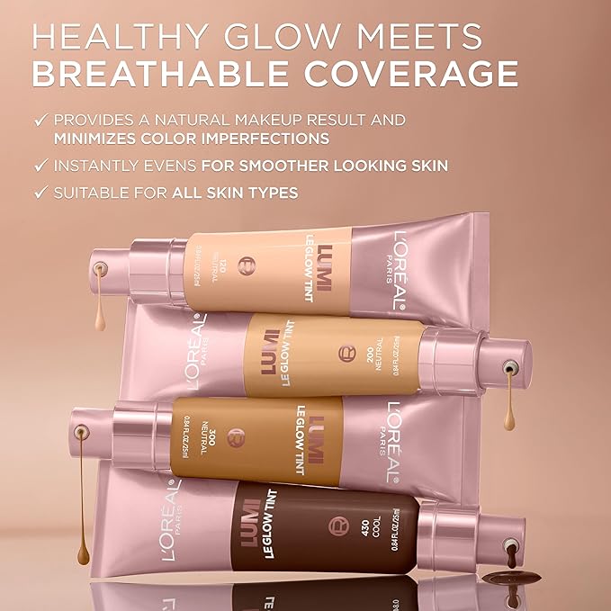 L'Oreal Paris Lumi Le Glow Skin Tint, Lightweight Water-Based Tinted Serum with Foundation-Like Coverage, Glow Illuminator, Neutral 420, 0.85 Fl Oz (Pack of 2)