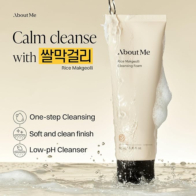 About Me Rice Makgeolli Cleansing Foam - Low pH Fermented Rice Face Wash for Sensitive Skin, Galactomyces & Centella, Bran Water Base, Non-Stripping Foaming Cleanser, Fragrance Free, 4.06 fl oz
