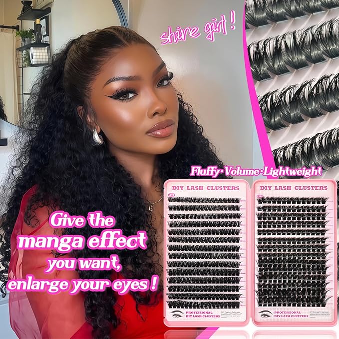 Manga Lash Clusters Kit, 448 Pcs Fluffy Eyelash Clusters Extensions 100D+120D Curl Individual Wispy False Eyelashes Kit with Lash Bond, Lash Remover, Lash Tweezers, Lash Brush (Lash Clusters10-18mm)