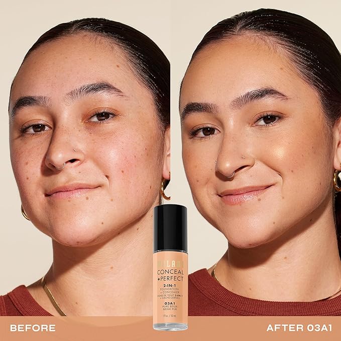 Milani Conceal + Perfect 2-in-1 Foundation + Concealer for a Flawless Complexion, Under Eye Corrector, Cover Redness and Imperfections, Waterproof and Sweatproof - 03A1-Pure Beige