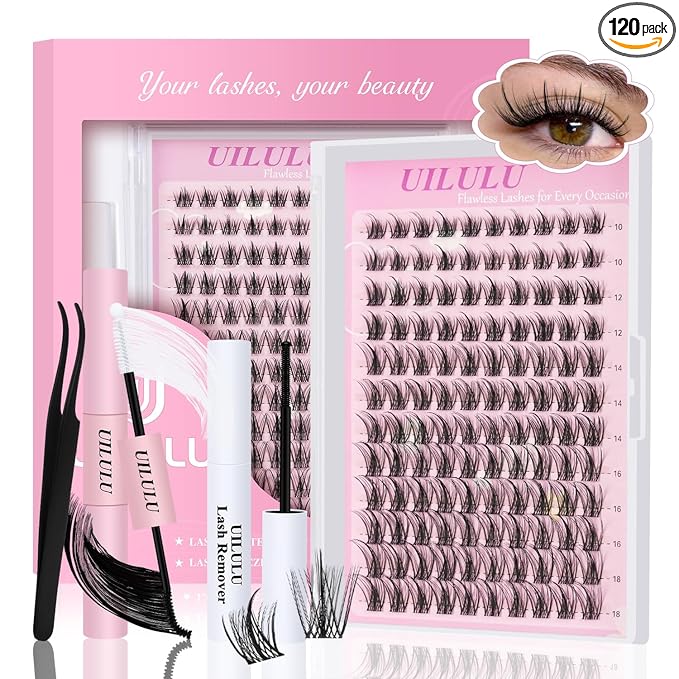 Natural Lash Clusters Kit with Spikes 10-18mm Mix D Curl DIY Extension Eye Natural Lashes False Wispy EyeLash Cluster with Bond & Seal, Glue Remover, Tweezers (U27 Lash Kit)